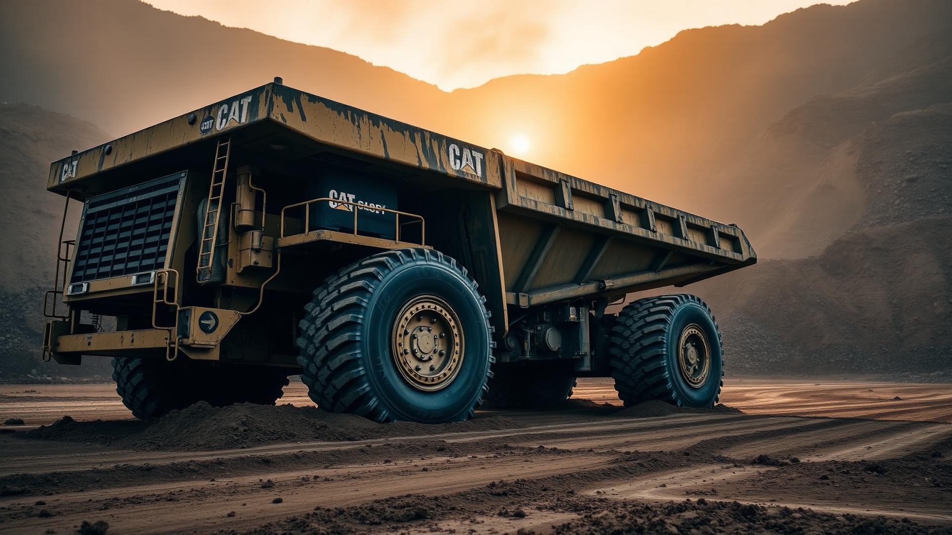 Dirty CAT mining haul truck in a dusty quarry at golden hour